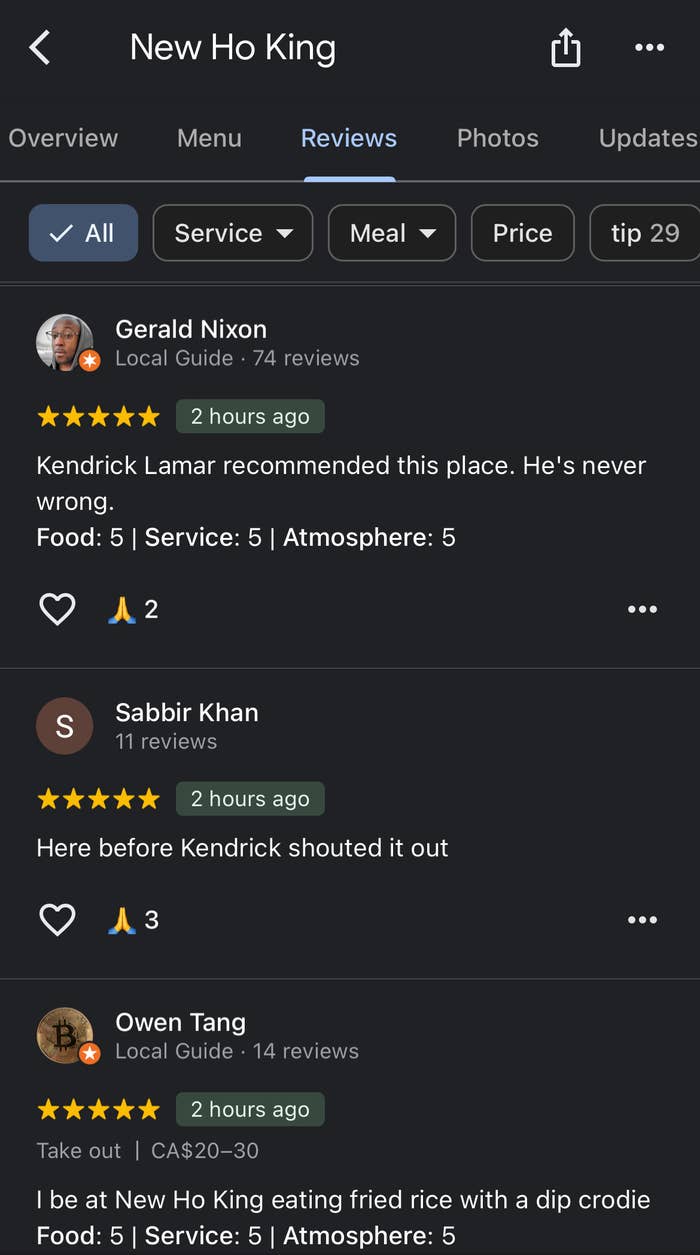 Three users, Gerald Nixon, Kendricks Lamar, and Owen, reviewed New Ho King restaurant on a mobile app with star ratings and text regarding their meals