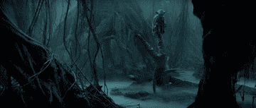 Yoda training Luke Skywalker in a misty swamp