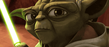Animated Yoda wielding a lightsaber, looking determined