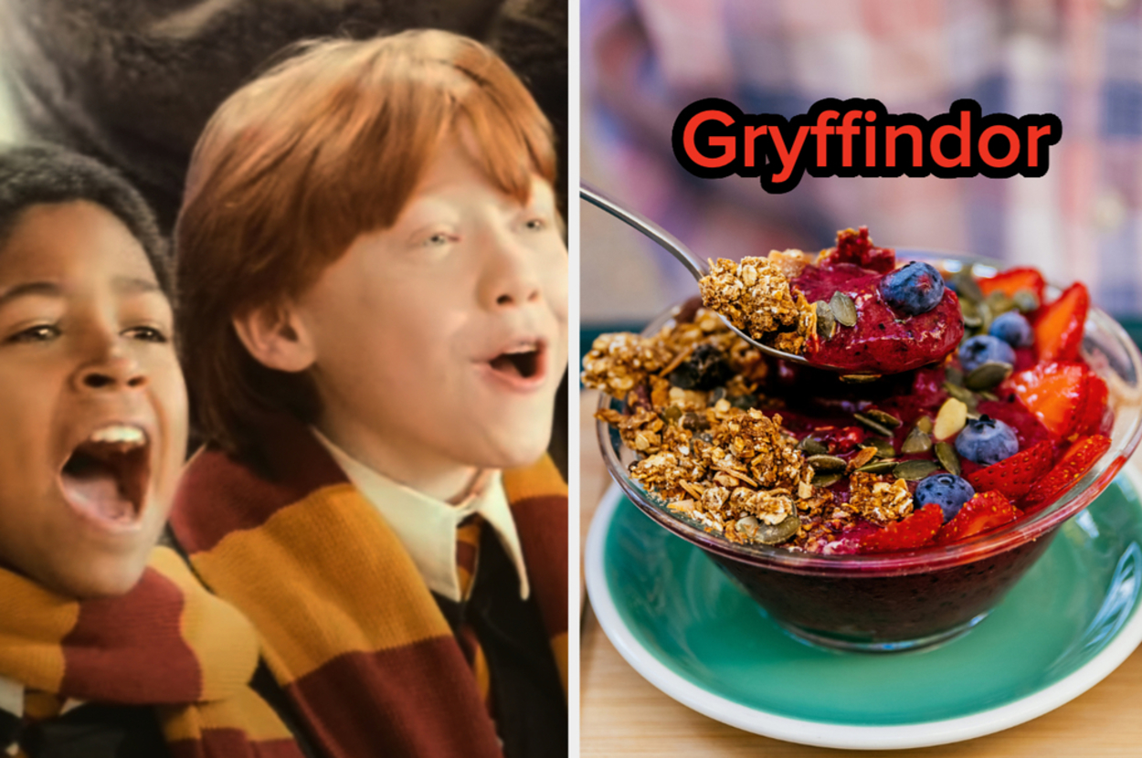 Left: Two characters from Harry Potter film series cheering. Right: Breakfast bowl with "Gryffindor" text above