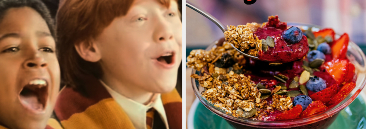Left: Two characters from Harry Potter film series cheering. Right: Breakfast bowl with "Gryffindor" text above