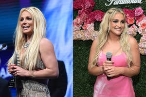 Britney Spears at events; left, speaking at a podium, right, posing by flower backdrop. She wears elegant attire