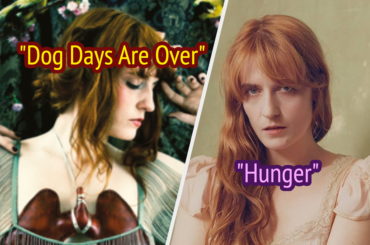 Split image of Florence Welch, left in a white blouse with fake lungs labeled "Dog Days Are Over," right in a peach top with ruffles labeled "Hunger"