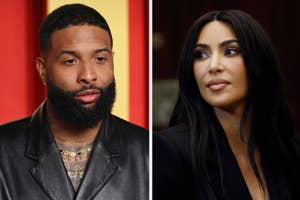 A closeup of Odell Beckham Jr vs Kim Kardashian looks over to her right