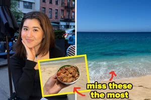 Image with a woman holding a photo of a dish, with text "miss these the most" pointing at the dish and ocean