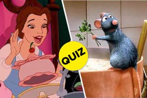 Belle from Beauty and the Beast and Remy from Ratatouille beside a QUIZ sticker
