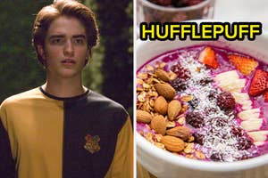 Split image: left, person wearing a Hogwarts uniform with Hufflepuff emblem; right, a bowl of cereal with "HUFFLEPUFF" text above