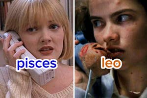 Split image featuring Drew Barrymore as Casey Becker in "Scream" on the phone, and Rachel Weisz as Evelyn Carnahan in "The Mummy" with a candle, labeled "pisces" and "leo."