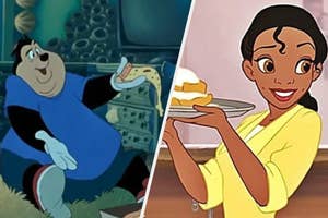 Animated characters Baloo from The Jungle Book lounging and Tiana from The Princess and the Frog holding a plate of beignets