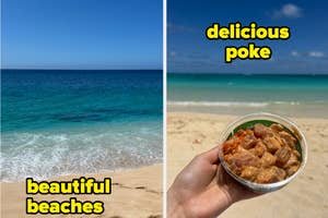 Two-part image: left side shows a beach with ocean, right side depicts a hand holding a bowl of poke. Text overlays describe scenes