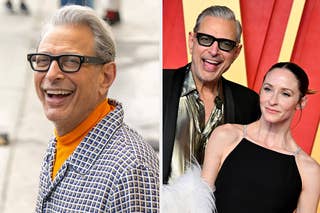 Jeff Goldblum in a patterned shirt and glasses; with a woman in a feathered outfit on a red carpet