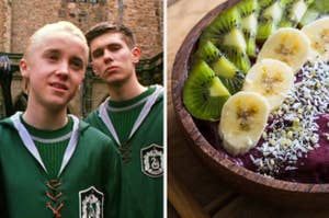 Two actors in Slytherin costumes; a close-up of an acai bowl with banana and kiwi toppings