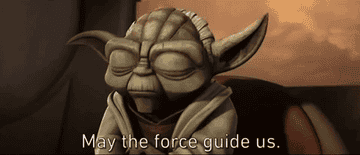 Animated Yoda with subtitle text &quot;May the force guide us&quot;