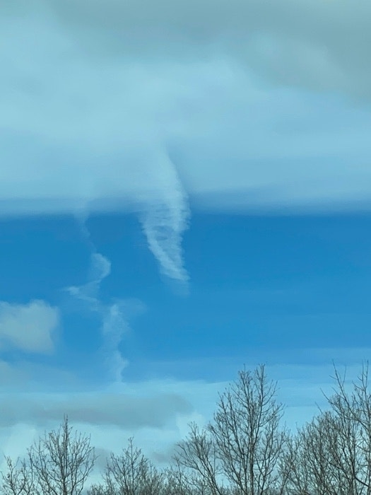 Sky with unusual cloud formation resembling a vertical swirl above tree silhouettes
