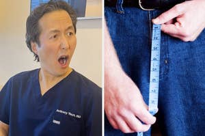 Person on the left expressing surprise, and a close-up of someone measuring their waist with a tape measure on the right
