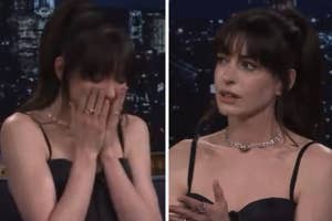 Woman with bangs and a black dress speaks and gestures during a talk show appearance