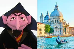 On the left, Count von Count from Sesame Street, and on the right, a gondola in a canal in Venice