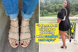 reviewer wearing studded steve madden sandals / reviewer wearing black heeled mules to a wedding