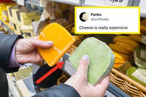 Person comparing cost of cheese with a tweet overlay by @icoPanko commenting on expense