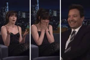 Three side-by-side images from a talk show interview with a male host and a female guest showing different reactions