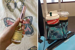 left: hand filling up travel perfume atomizer with perfume bottle; right: leaf-print drink sleeve with Starbucks cups looped over suitcase handle