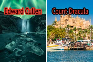 On the left, the northern lights in Iceland labeled Edward Cullen, and on the right, a beautiful building near the sea in Spain labeled Count Dracula