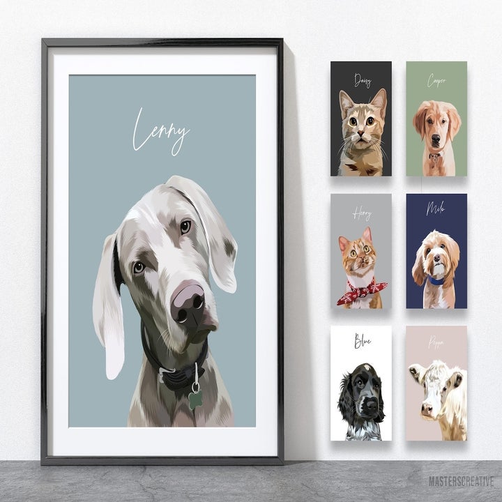 Assorted pet portraits with personalized name labels displayed in frames, ideal for home decor shopping