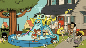 Gif of cartoon characters from the TV show &quot;The Loud House&quot; playing outside