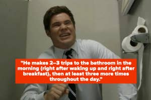 Adam Devine in a bathroom stall in Workaholics with text about a husband taking five to six bathroom trips per day