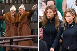 Two side-by-side photos: On the left, Chris Hemsworth eating a sandwich; on the right, Jennifer Lopez walking with a companion
