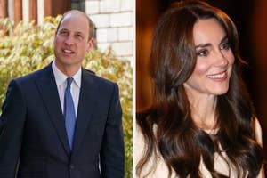 Prince William in a suit and Kate Middleton smiling