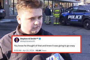 Person with short hair interviewed by the news, police and fire vehicles in the background. Tweet by Stephen Ai Smith "knew it was going to go crazy."
