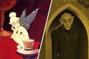 Tinker Bell sitting on a spool of thread; Nosferatu peering around a corner. Two film characters displayed side by side