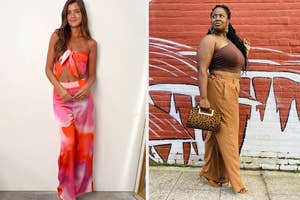 model in multicolor pink and red pans / reviewer in brown palazzo pants