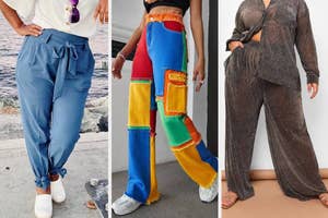 reviewer in blue pants with bow hem / model in multicolor denim pants / model in sheer metallic pants with matching top