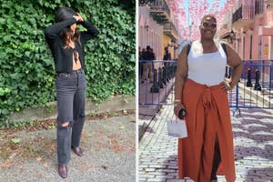 reviewer in black Levi's ankle jeans / reviewer in rust colored side-slit pants