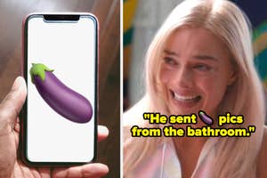 A hand holding a phone with an eggplant emoji on the screen; a woman crying with text "He sent eggplant pics from the bathroom" referring to lewd nudes