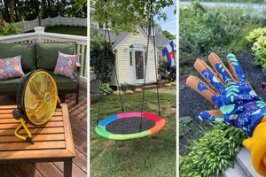 Three images highlighting outdoor products: a metal fan on wooden patio, a quaint garden shed, and a pair of patterned gardening gloves