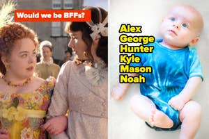 Left: Two characters in historical costumes conversing. Right: A baby looking up, with names "Alex George Hunter Kyle Mason Noah" beside