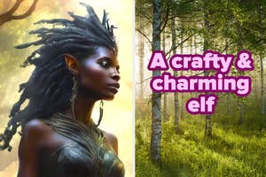 Fantasy character with elaborate hair, armor, and elf ears on the left, text "A crafty & charming elf" beside a forest scene on the right