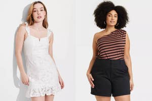 left: model wearing white lace sleeveless mini dress, right: model wearing black-and-brown striped one-shoulder top
