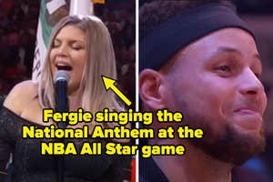 Fergie performs National Anthem; reaction shot of NBA player, no identity provided