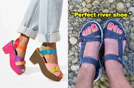 colorful platform sandals on a model / blue skechers sport sandals and quote "perfect river shoe"