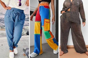 reviewer in blue pants with bow hem / model in multicolor denim pants / model in sheer metallic pants with matching top