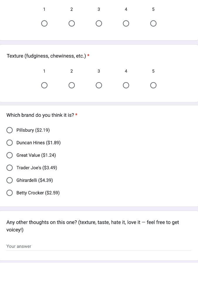 Survey form with questions on brownie taste, texture, and brand preference, plus an open-ended feedback section