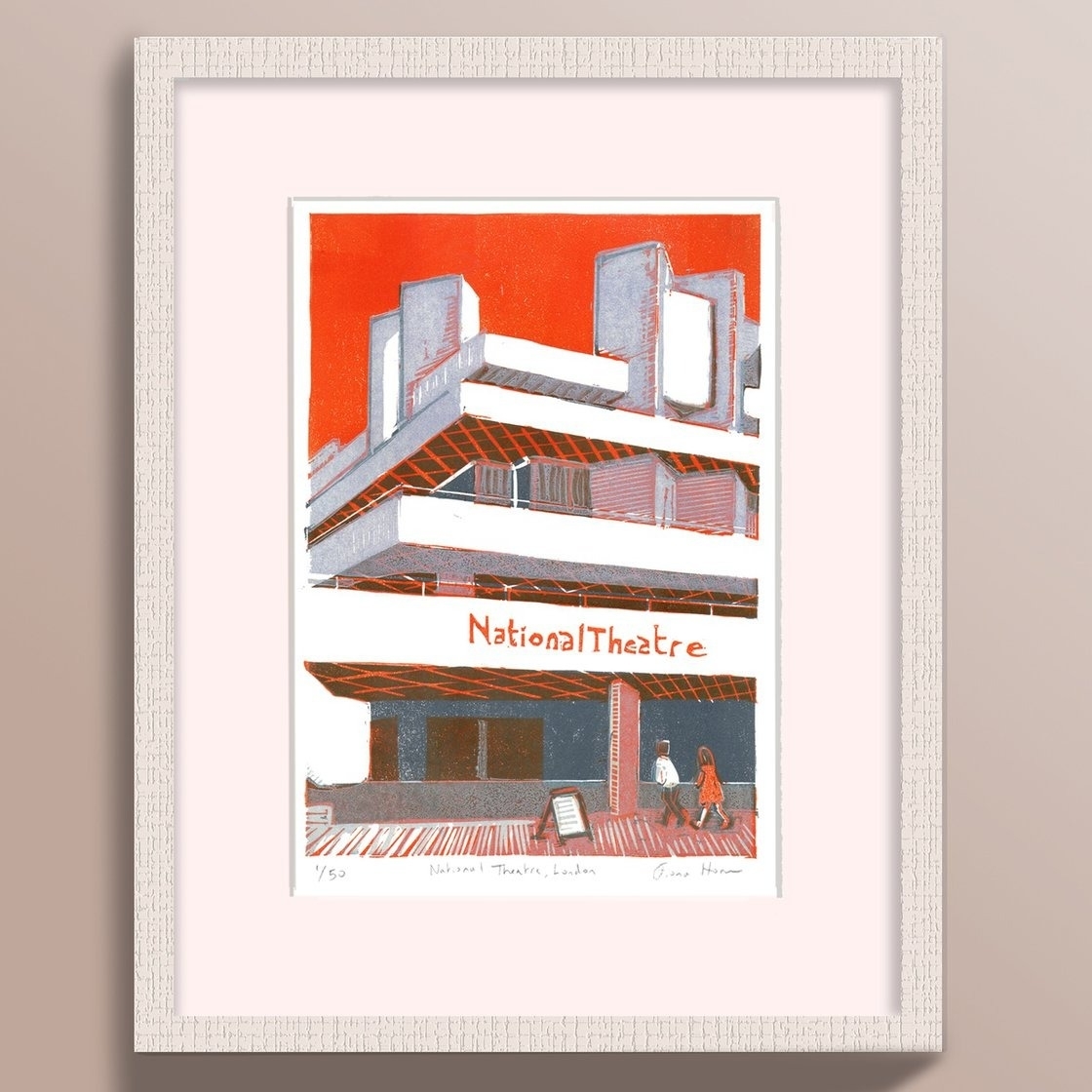 Art print of the National Theatre in London with stylized illustration, framed on a wall