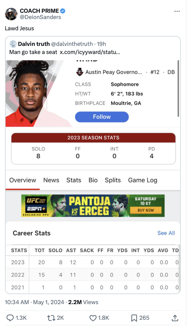 A Twitter screenshot from @DeionSanders with a player profile for a football game, showing a headshot, stats, and game details for a player