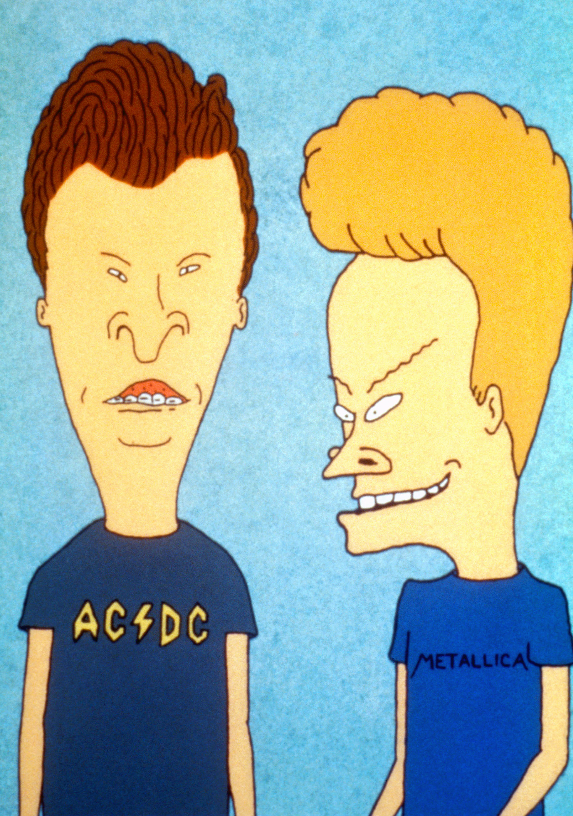 Beavis and Butt-Head in animated form, wearing band t-shirts; AC/DC for Beavis and Metallica for Butt-Head