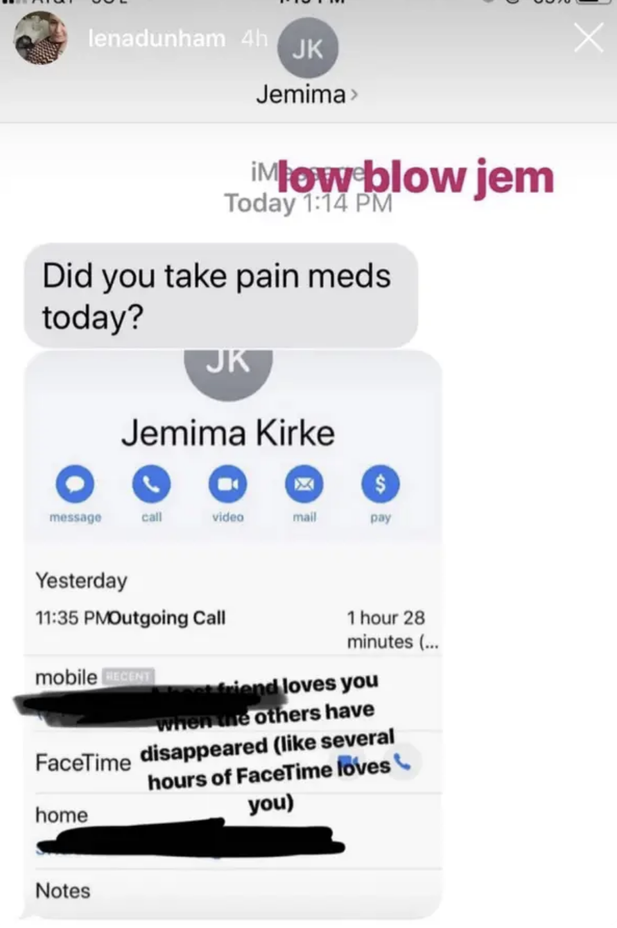 Screenshot of a phone chat with texts and call log, Lena talking about how much she loves Jem