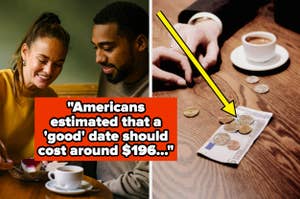 Two images: Left, a couple sharing a laugh; right, a hand pointing at coins next to a coffee cup. Text: Cost of a 'good' date